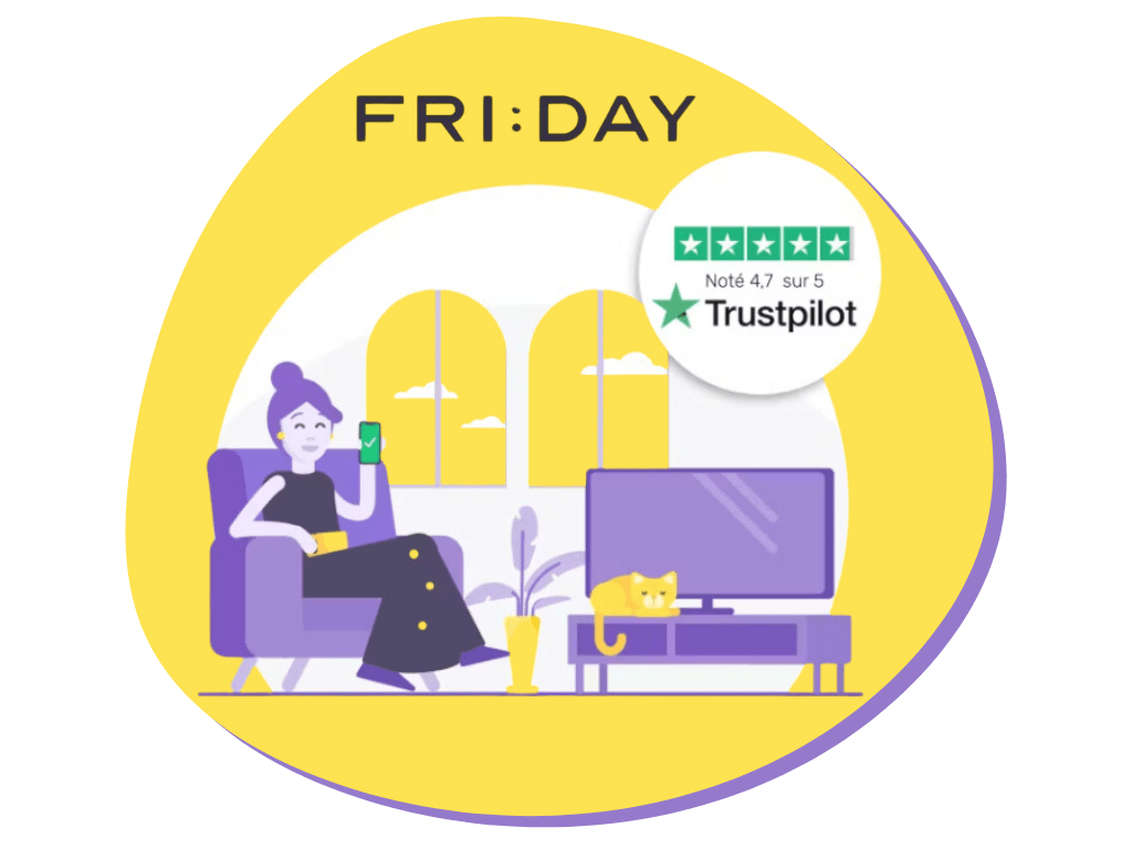 Illustration d'une femme assise sur un canapé qui a mis une note Trustpilot sur son téléphone de 4,7 sur 5 pour le site FRIDAY.